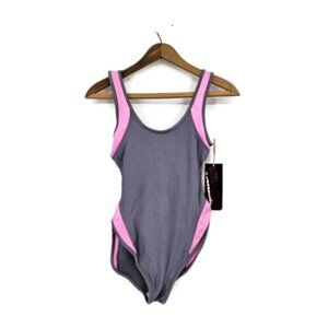 VTG New BEDAZZLE by Marika Leotard Womens M Grey Pink Hi-Cut Leg Spandex